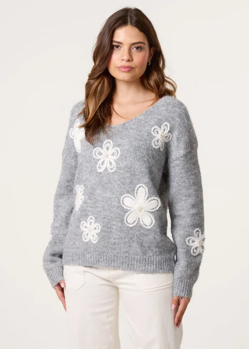 Blue Vanilla Grey V Neck Flower & Pearl Jumper - S/M Image 3