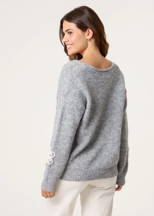 Blue Vanilla Grey V Neck Flower & Pearl Jumper - S/M Image 4