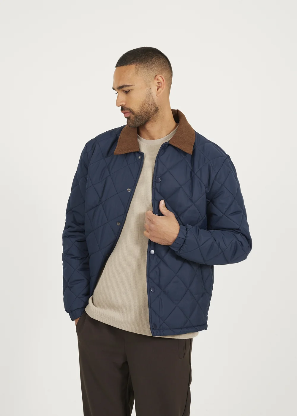 Brave Soul Navy Quilted Coach Jacket with Cord Collar - S Image 2