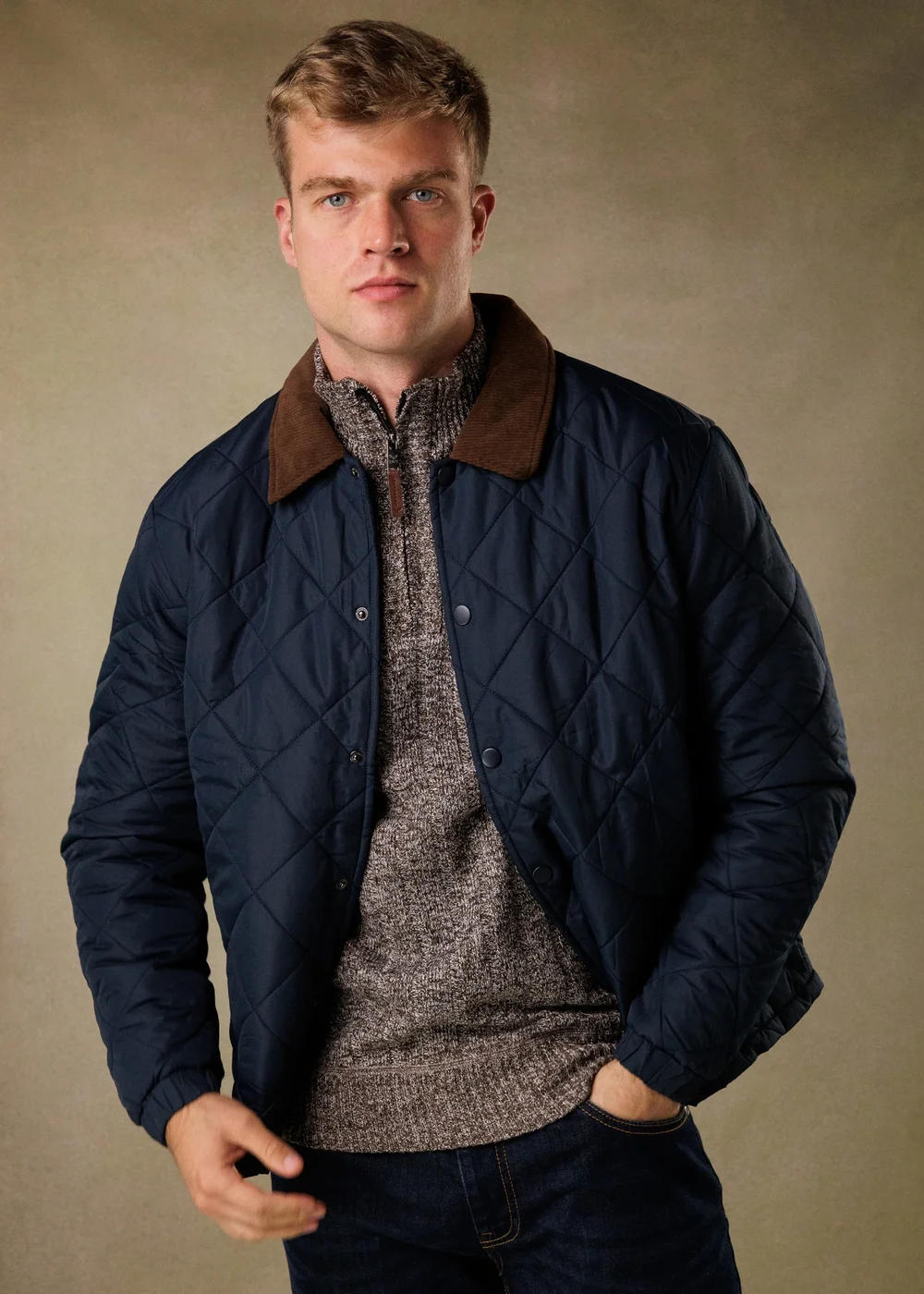 Brave Soul Navy Quilted Coach Jacket with Cord Collar - S Image 1