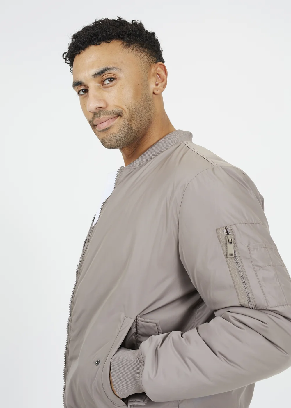 Brave Soul Taupe Bomber Jacket with Sleeve Pocket Detail - L Image 3