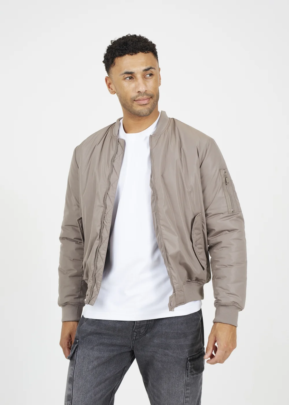Brave Soul Taupe Bomber Jacket with Sleeve Pocket Detail - L Image 1