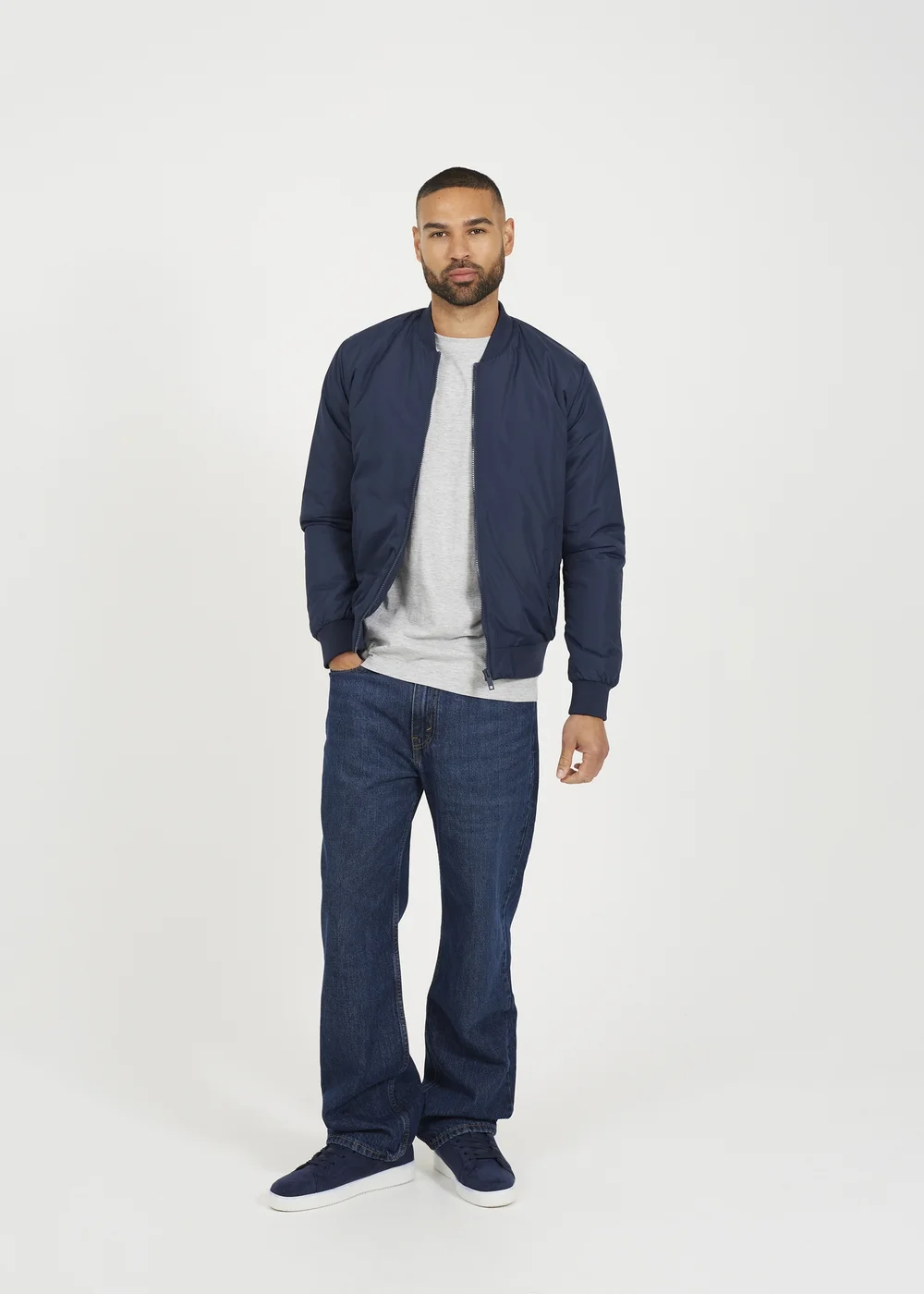 Brave Soul Navy Collarless Bomber Zip-Up Jacket - M Image 4