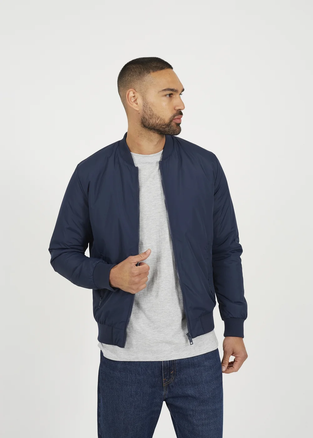 Brave Soul Navy Collarless Bomber Zip-Up Jacket - M Image 1
