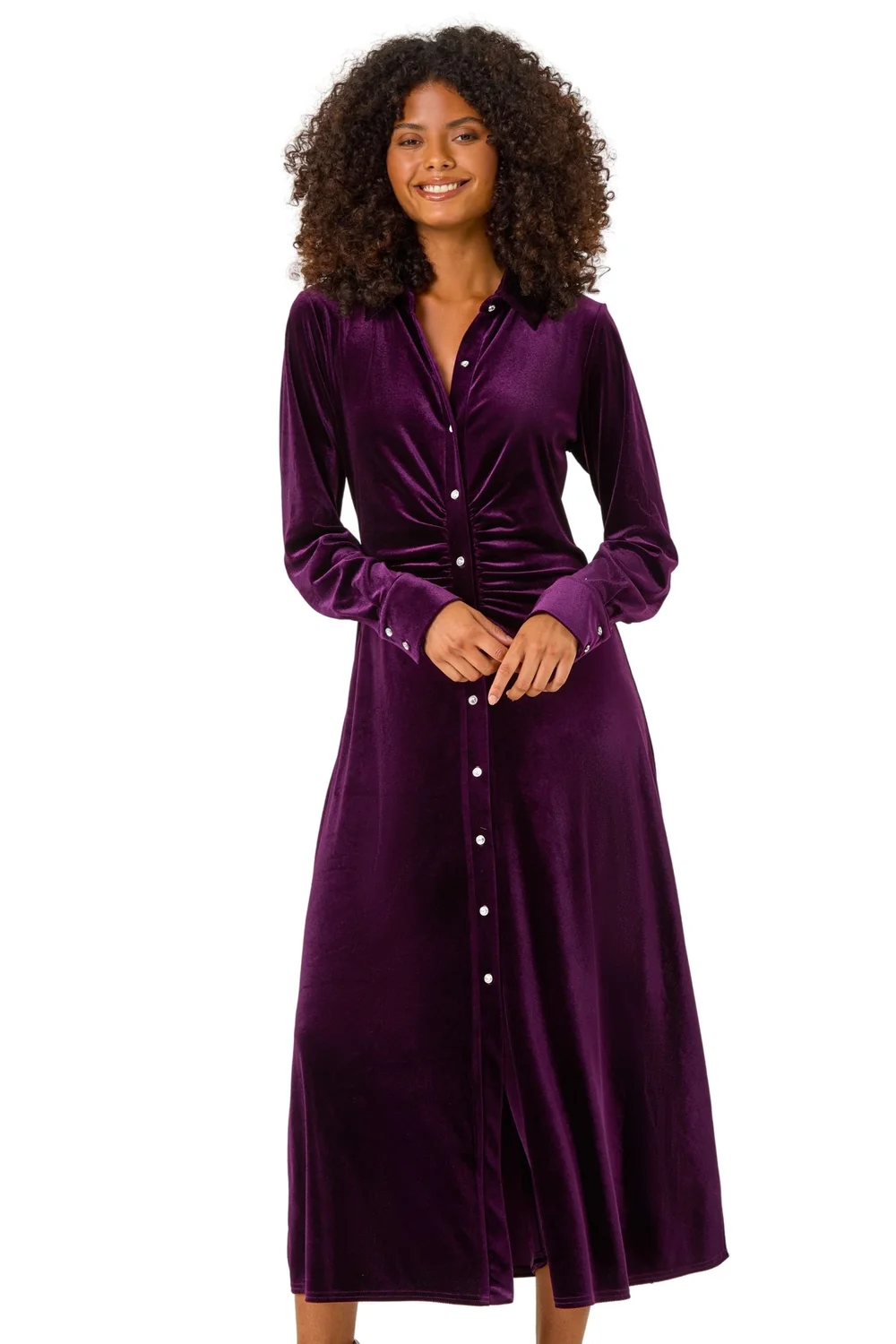 Dusk Purple Velvet Button Shirt Stretch Midi Dress - 14 Image 1