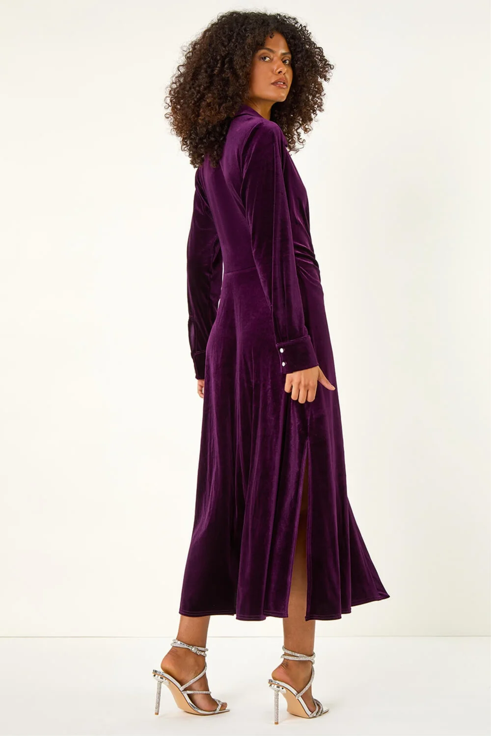 Dusk Purple Velvet Button Shirt Stretch Midi Dress - 14 Image 4