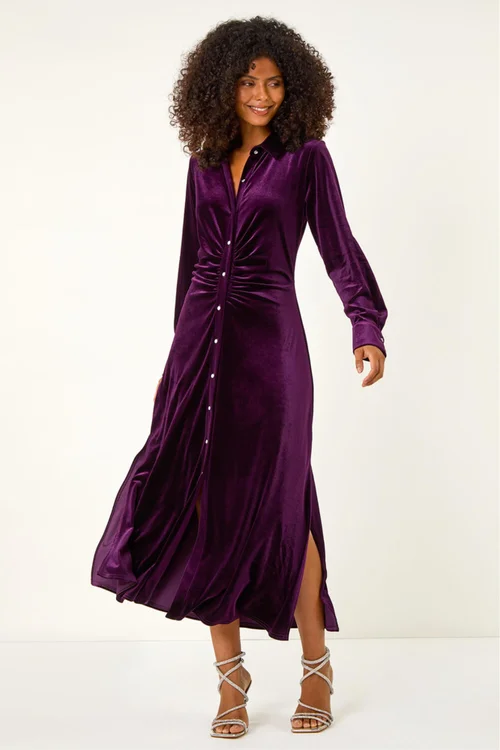 Dusk Purple Velvet Button Shirt Stretch Midi Dress - 14 Image 3