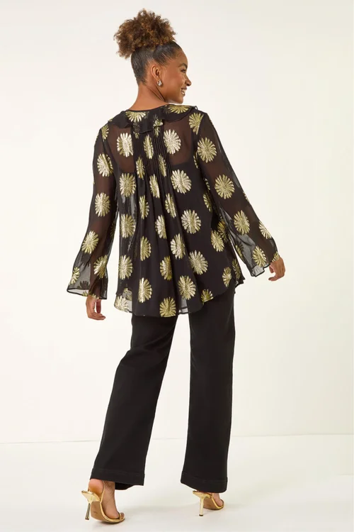 Roman Black Floral Jacquard Frill Buttoned Blouse - 18 Image 3
