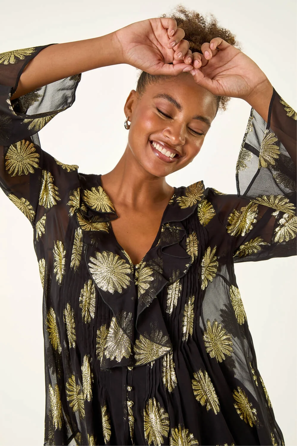 Roman Black Floral Jacquard Frill Buttoned Blouse - 18 Image 4