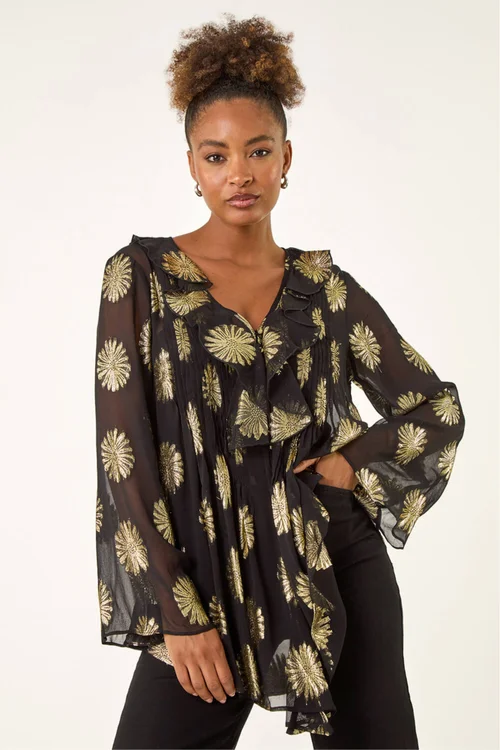 Roman Black Floral Jacquard Frill Buttoned Blouse - 18 Image 1