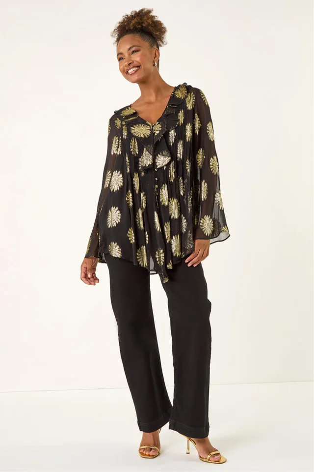 Roman Black Floral Jacquard Frill Buttoned Blouse