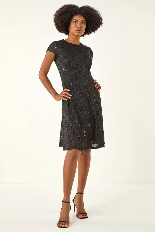 Roman Black Sequin Fluted Hem Lace Stretch Dress - 16 Image 3