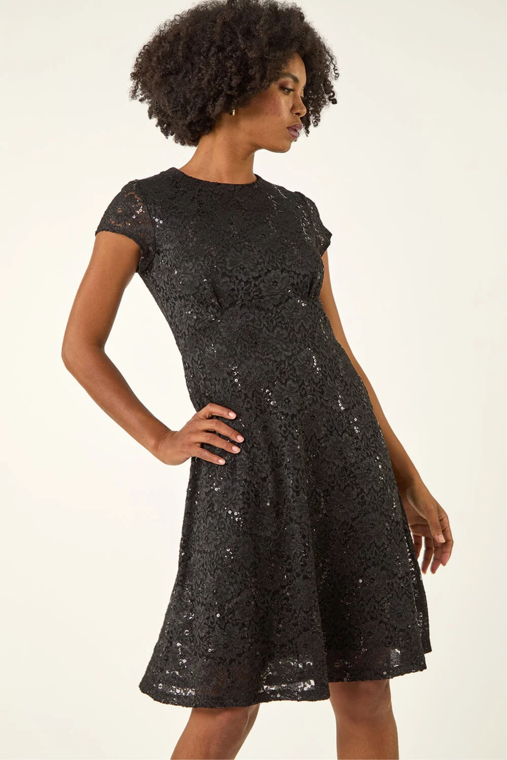 Roman Black Sequin Fluted Hem Lace Stretch Dress - 16 Image 2