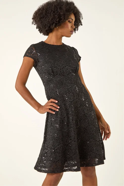 Roman Black Sequin Fluted Hem Lace Stretch Dress - 16 Image 2