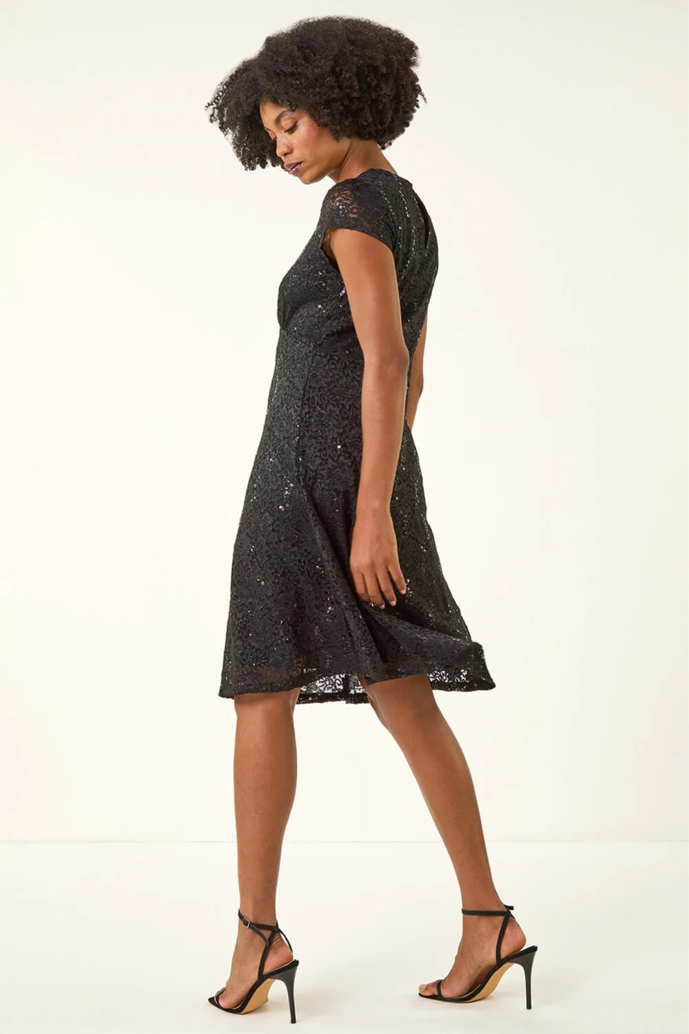 Roman Black Sequin Fluted Hem Lace Stretch Dress - 16 Image 4