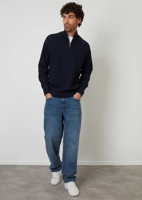 Threadbare Navy Mock Tee Textured Knit Quarter Zip Jumper - 2XL Image 3
