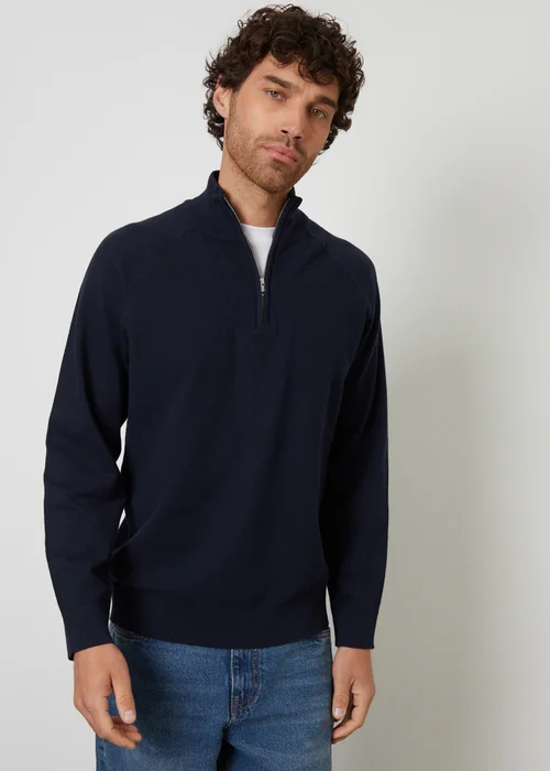 Threadbare Navy Mock Tee Textured Knit Quarter Zip Jumper - 2XL Image 1