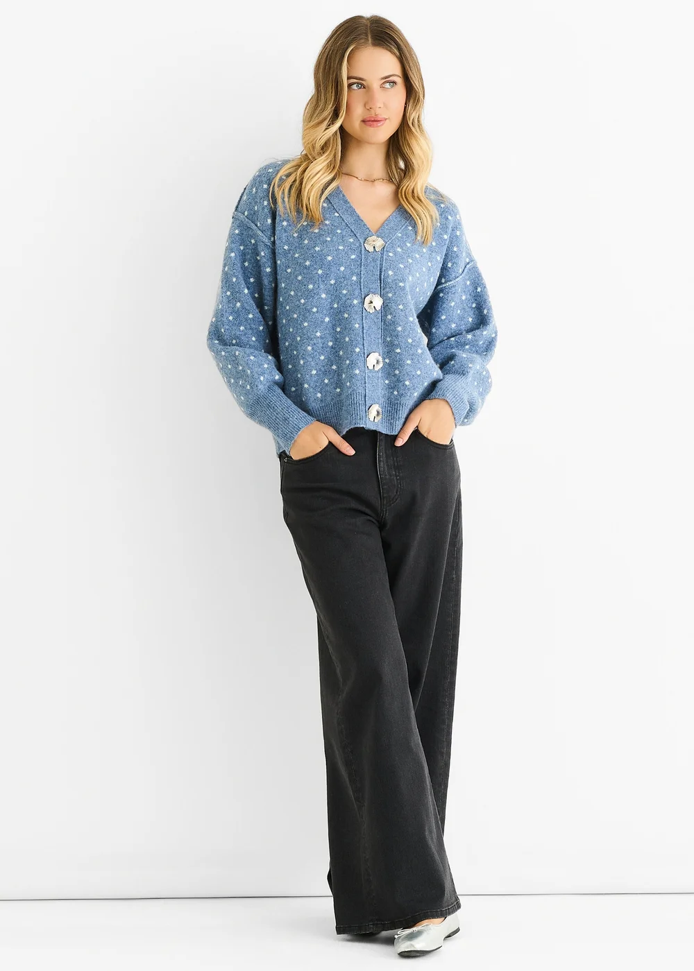 Gini London Denim Spot Print Button Cardigan Look Jumper - S/M Image 1