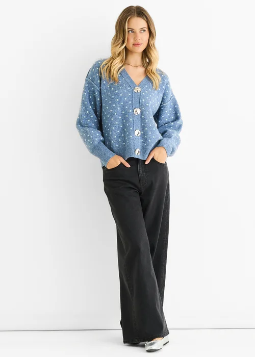 Gini London Denim Spot Print Button Cardigan Look Jumper - S/M Image 1