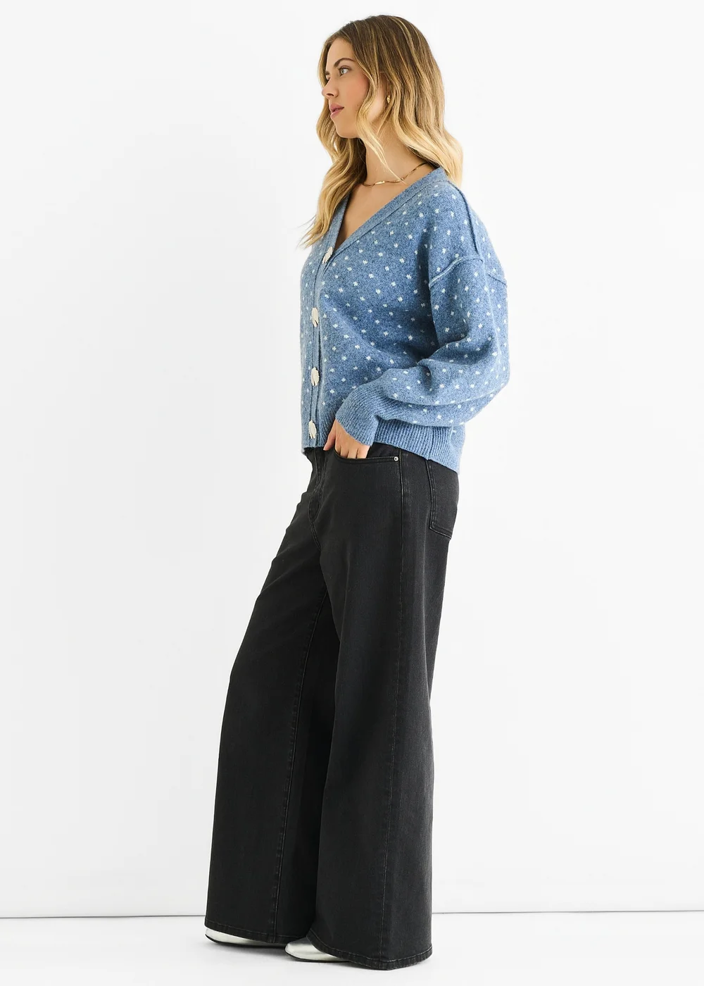 Gini London Denim Spot Print Button Cardigan Look Jumper - S/M Image 4