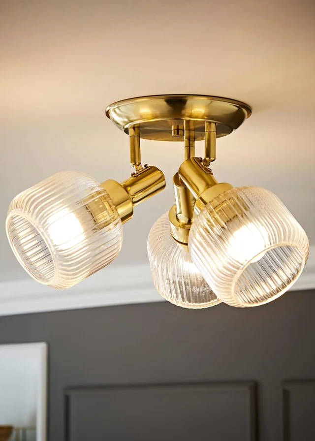 ValueLights Calpe 3 Way Brass Ceiling Spotlight Ribbed Clear Shades