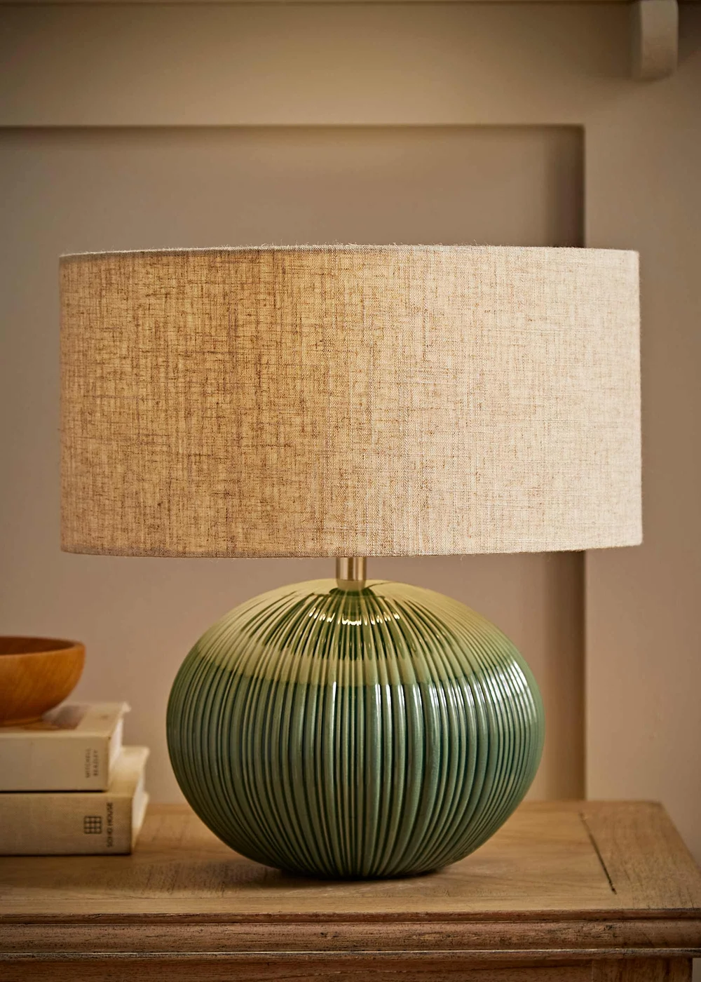 ValueLights Rebecca Green Ribbed Ceramic Table Lamp with Linen Shade - One Size Image 1