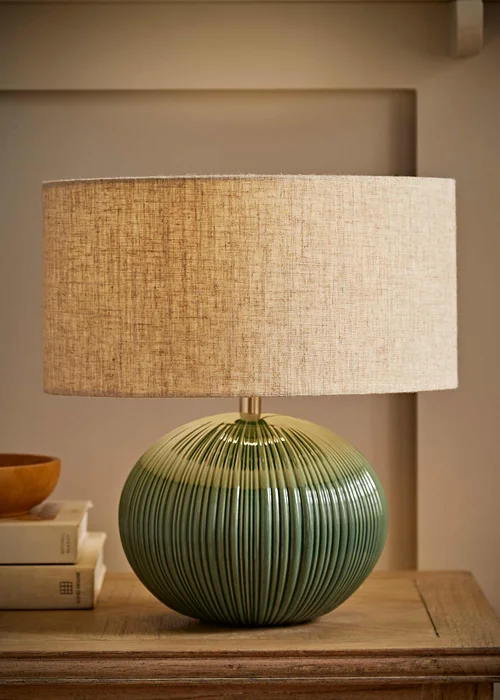 ValueLights Rebecca Green Ribbed Ceramic Table Lamp with Linen Shade - One Size Image 1