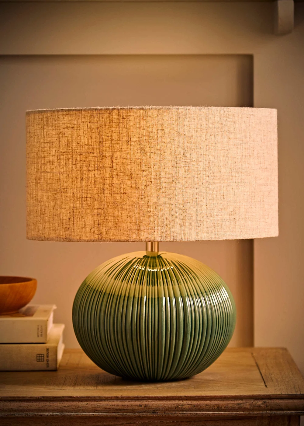 ValueLights Rebecca Green Ribbed Ceramic Table Lamp with Linen Shade - One Size Image 2