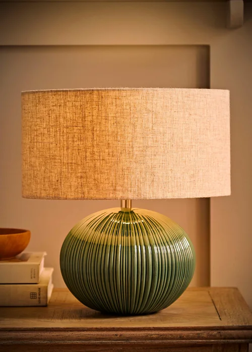 ValueLights Rebecca Green Ribbed Ceramic Table Lamp with Linen Shade - One Size Image 2