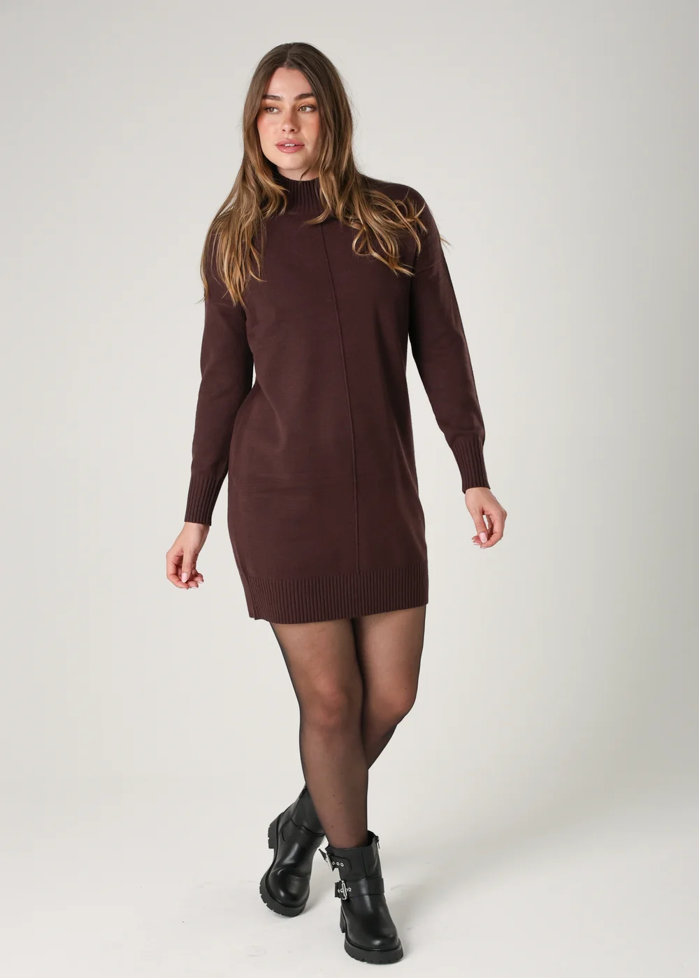 French Connection Brown Cosy Soft Touch High Neck Seam Jumper Mini Dress - S | Matalan French Connection Brown Cosy Soft Touch High Neck Seam Jumper Mini Dress - S | Matalan