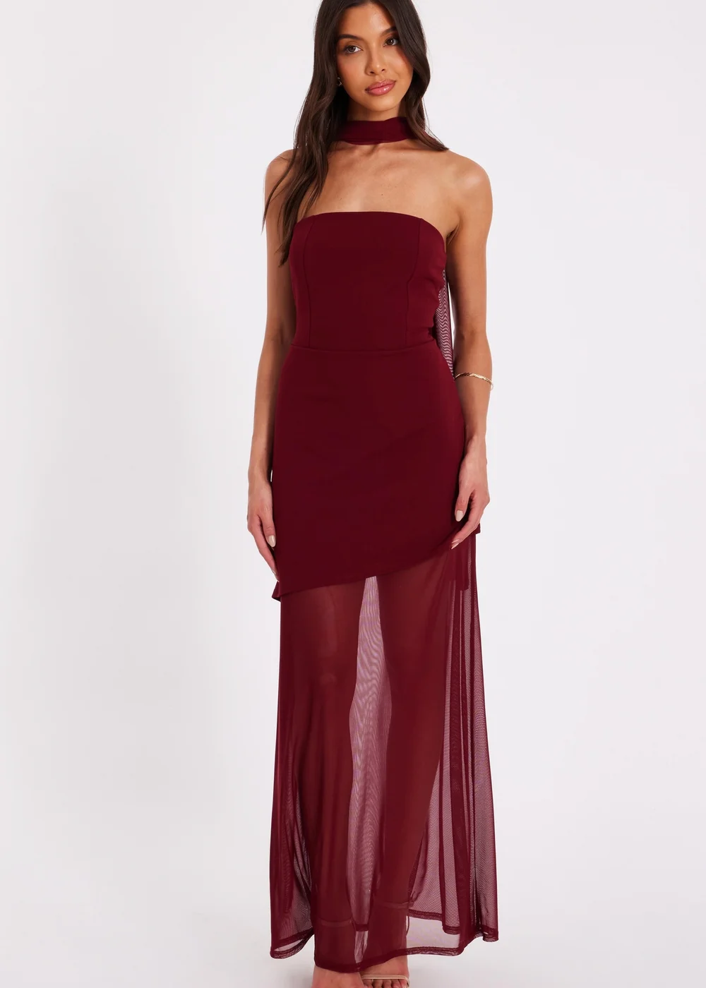 Quiz Burgundy Strapless Mesh Hem Maxi Dress - 6 | Matalan Quiz Burgundy Strapless Mesh Hem Maxi Dress - 6 | Matalan