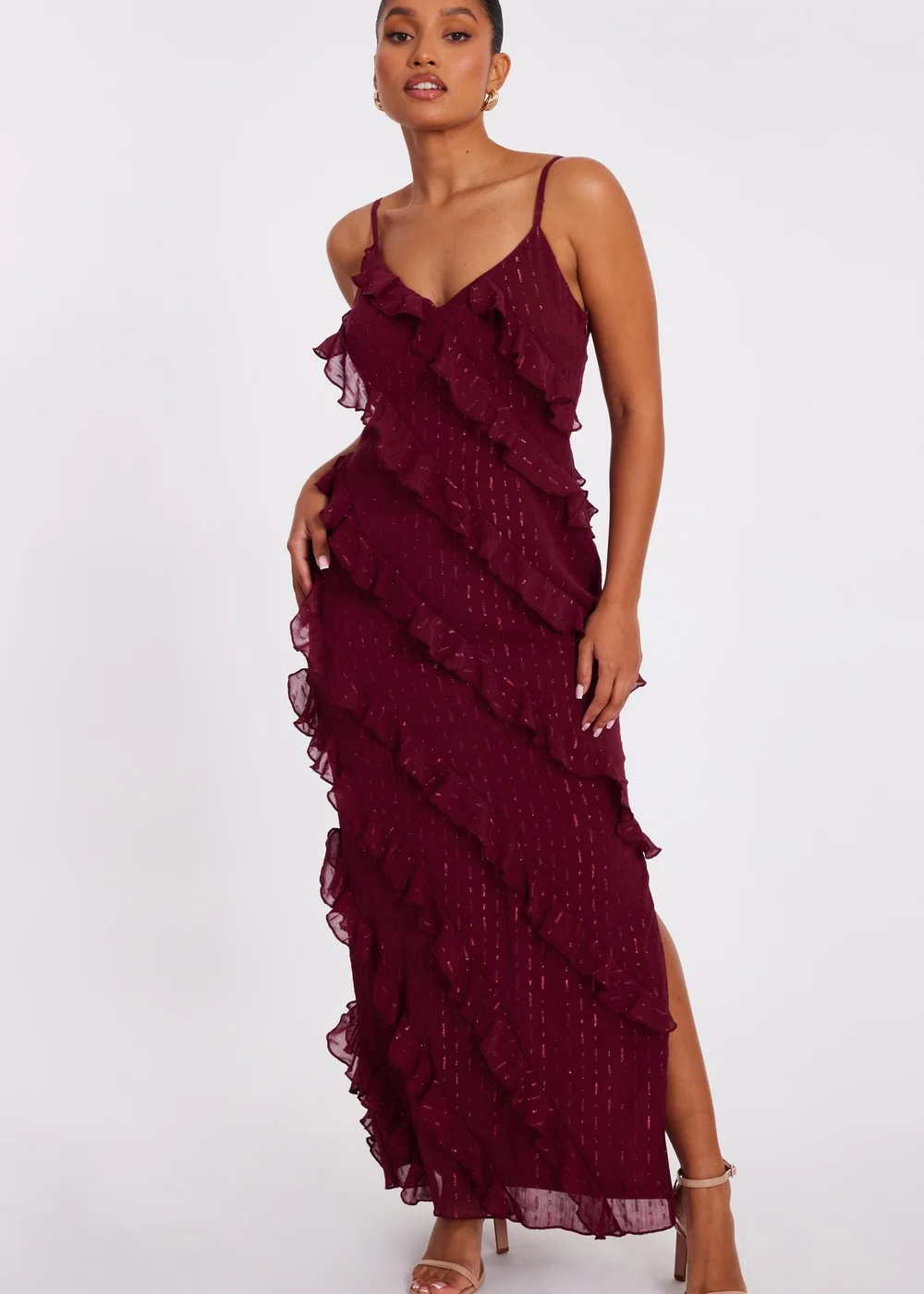 Quiz Burgundy Petite Chiffon Ruffle Midaxi Dress - 14 Quiz Burgundy Petite Chiffon Ruffle Midaxi Dress - 14
