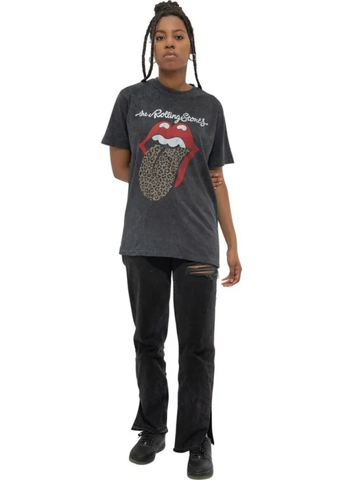 The Rolling Stones Black Leopard Tongue Acid Wash T-Shirt - Medium Image 4