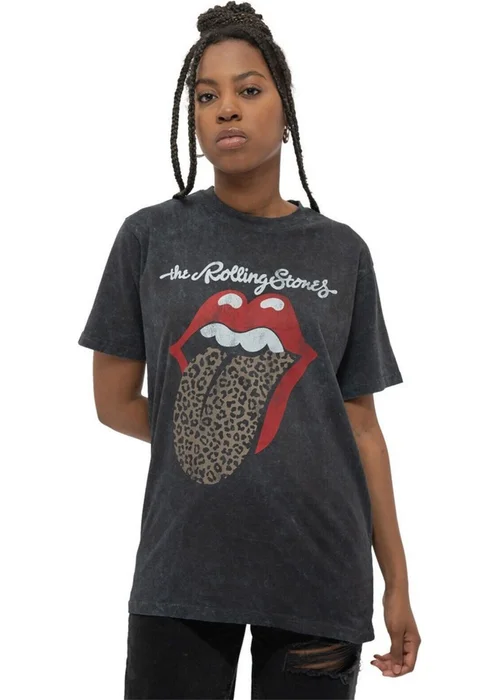 The Rolling Stones Black Leopard Tongue Acid Wash T-Shirt - Medium Image 1
