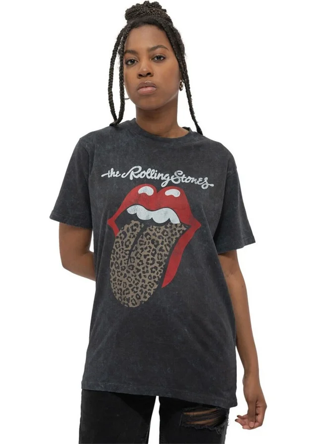 The Rolling Stones Black Leopard Tongue Acid Wash T-Shirt