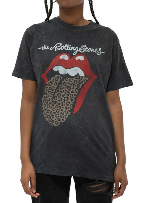The Rolling Stones Black Leopard Tongue Acid Wash T-Shirt - Medium Image 3