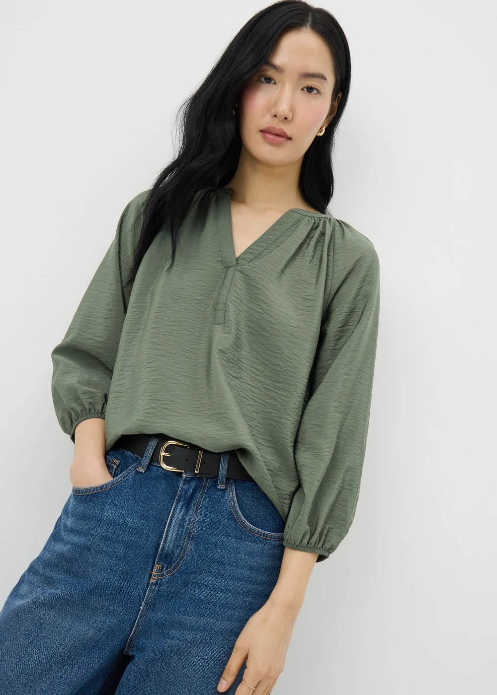 Olive 3/4 Sleeve Popover Blouse - 14 Image 1