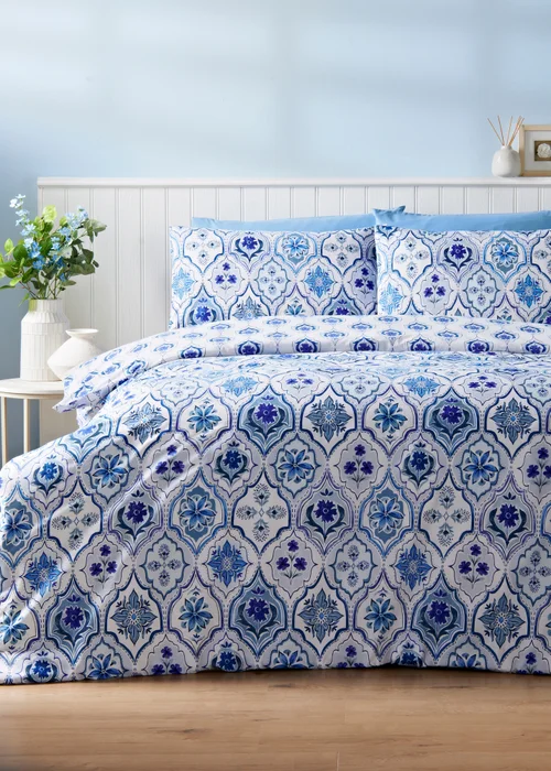 Blue Folk Tile Duvet Set - Single Image 1