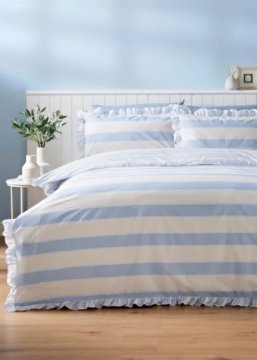 Blue Stripe Frill Duvet Set - Double Image 1
