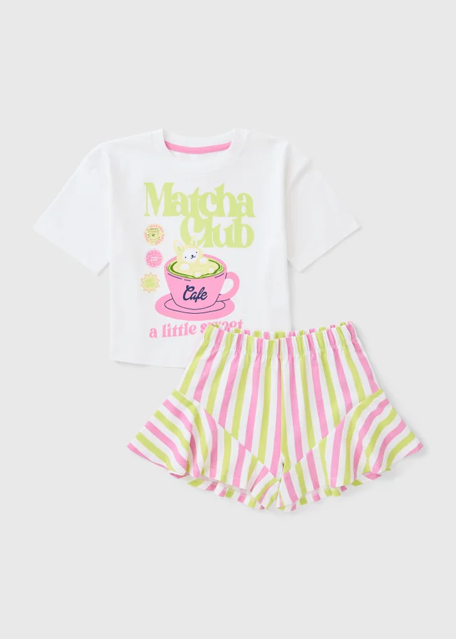 Girls White Matcha Club Stripe Short Pyjama Set (7-13yrs)