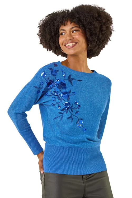 Roman Blue Floral Sequin Knit Jumper - 10 Image 1