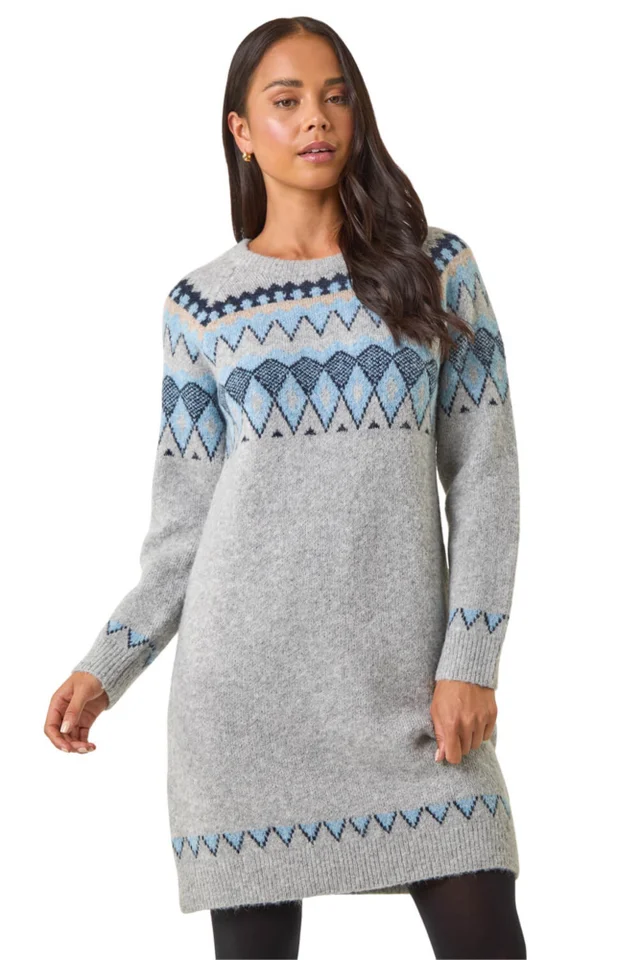 Roman Grey Petite Nordic Pattern Knit Jumper Dress