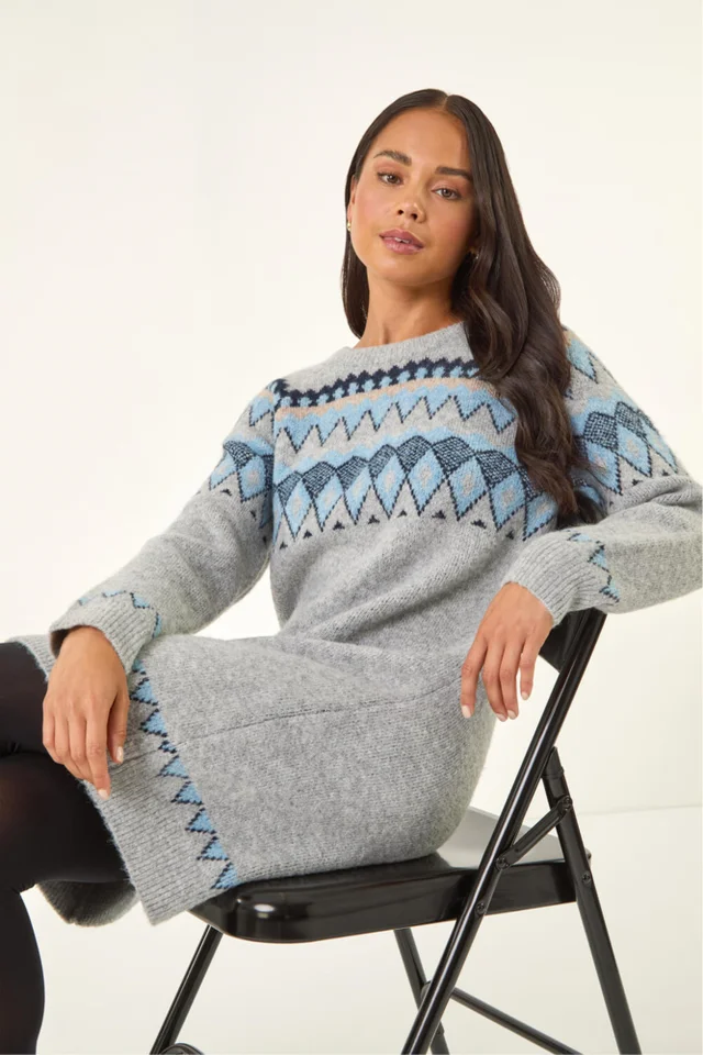 Roman Grey Petite Nordic Pattern Knit Jumper Dress