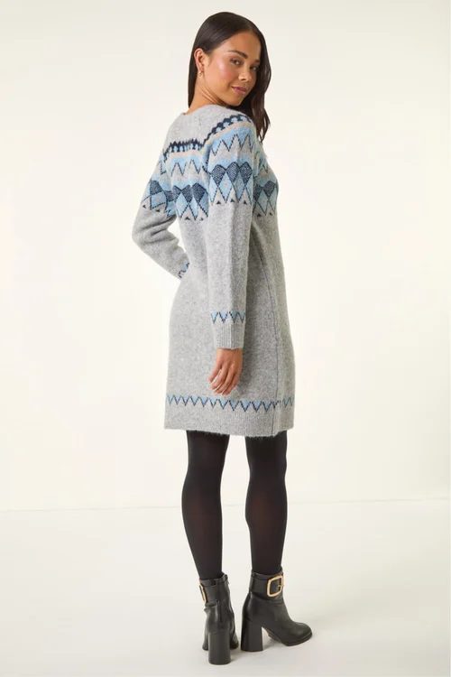 Roman Grey Petite Nordic Pattern Knit Jumper Dress - 12 Image 4