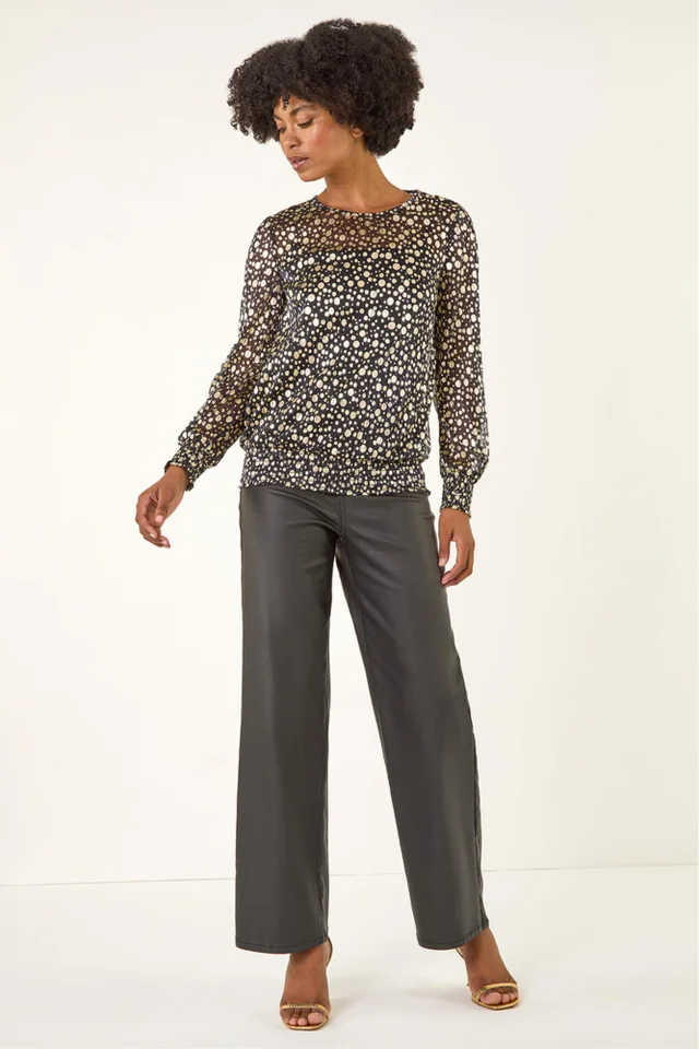 Roman Gold Spot Print Plisse Shirred Top
