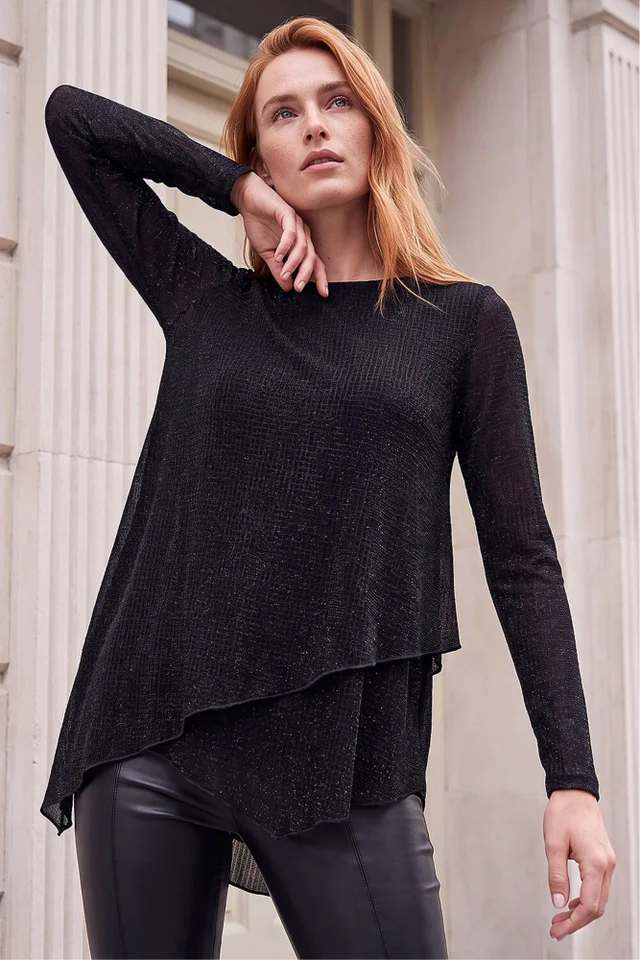 Roman Black Shimmer Asymmetric Layered Top