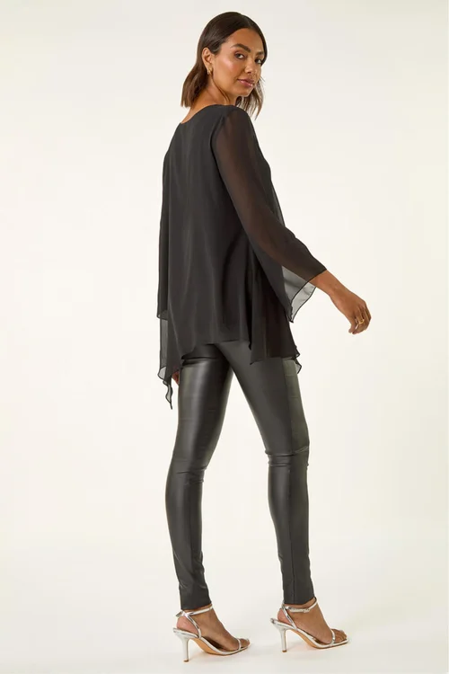 Roman Black Diamante Asymmetric Chiffon Top - 20 Image 3