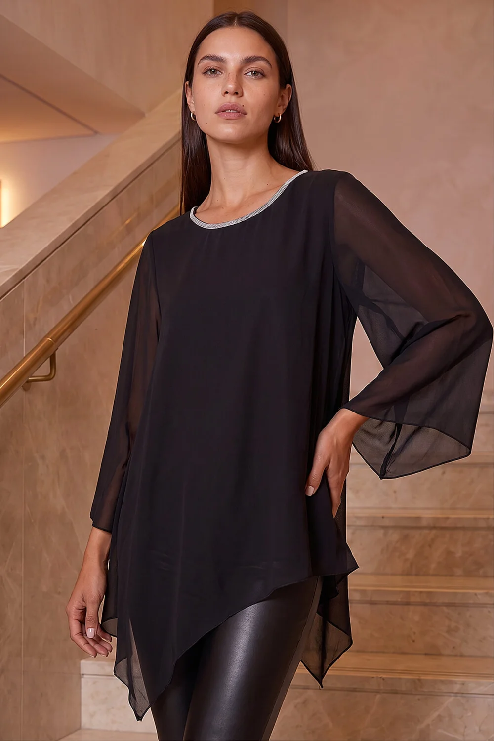 Roman Black Diamante Asymmetric Chiffon Top - 16 Image 1