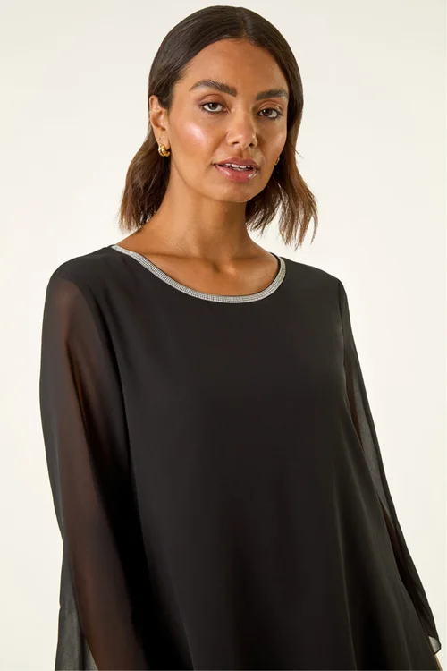 Roman Black Diamante Asymmetric Chiffon Top - 20 Image 4