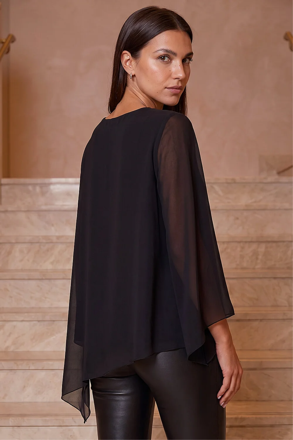 Roman Black Diamante Asymmetric Chiffon Top - 16 Image 3